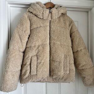 Hollister Mockneck Puffer Faux Fur Sherpa Cream Beige Teddy Jacket Coat Sz S